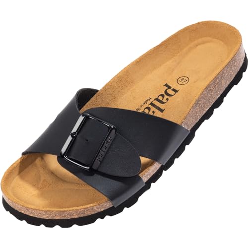 Palado Damen Pantoletten Tinos Matt - Sandalen mit verstellbaren Riemen - Hausschuhe - Natur Kork-Fussbett - extra bequem mit Sohle aus Velourleder Schwarz UK4,5 - EU37 von Palado