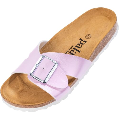 Palado Damen Pantoletten Tinos Metallic - Sandalen mit Riemen - Natur Kork-Fussbett - extra bequem mit Sohle aus Velourleder Flieder UK6 - EU39 von Palado