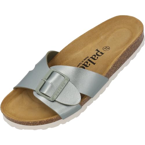 Palado Damen Pantoletten Tinos Metallic - Sandalen mit Riemen - Natur Kork-Fussbett - extra bequem mit Sohle aus Velourleder Olive UK4,5 - EU37 von Palado