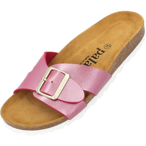 Palado Damen Pantoletten Tinos Metallic - Sandalen mit Riemen - Natur Kork-Fussbett - extra bequem mit Sohle aus Velourleder Pink UK4,5 - EU37 von Palado