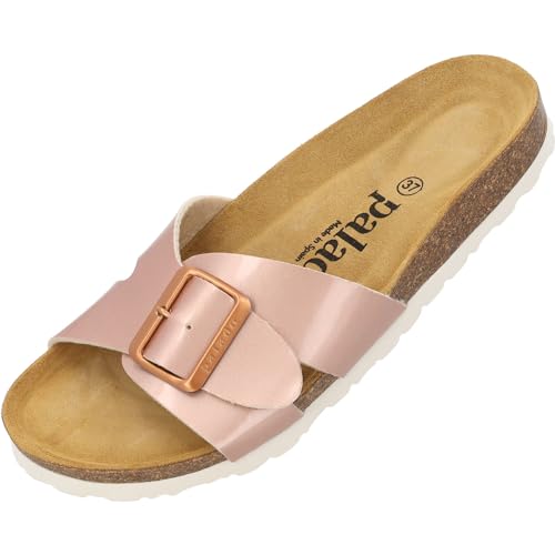 Palado Damen Pantoletten Tinos Metallic - Sandalen mit Riemen - Natur Kork-Fussbett - extra bequem mit Sohle aus Velourleder Rosa UK3,5 - EU36 von Palado