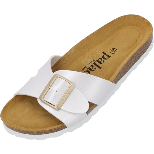 Palado Damen Pantoletten Tinos Metallic - Sandalen mit Riemen - Natur Kork-Fussbett - extra bequem mit Sohle aus Velourleder Weiß UK5,5 - EU38 von Palado