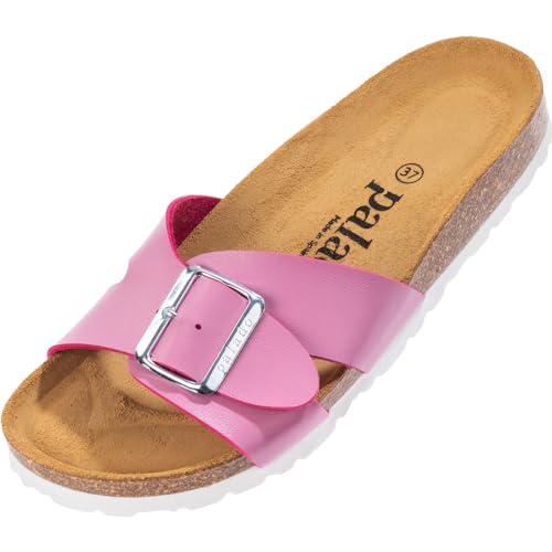 Palado Damen Pantoletten Tinos Matt - Sandalen mit verstellbaren Riemen - Hausschuhe - Natur Kork-Fussbett - extra bequem mit Sohle aus Velourleder Pink UK3,5 - EU36 von Palado