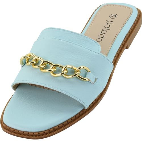 Palado Pekiz flache Sandalen Damen - elegante Pantoletten für Frauen - modische Slides flat - offene Sommerschuhe Hellblau UK7 - EU40 von Palado