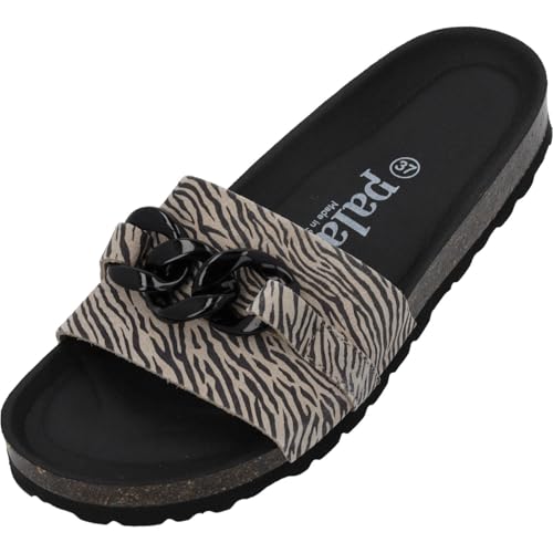 Palado Pantoletten Damen Gozo Zebra - bequeme Sandalen Made in Spain - Hausschuhe mit dämpfendem Kork-Fußbett - modische Sommerschuhe Beige UK7 - EU40 von Palado