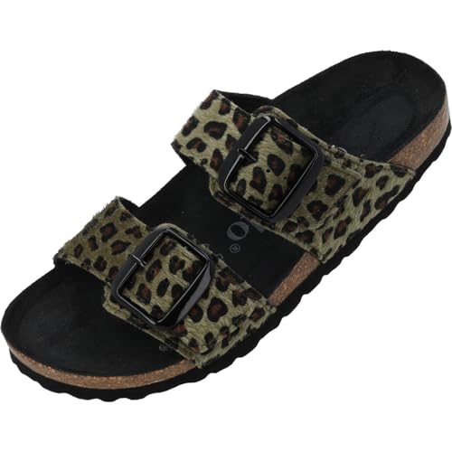 Palado Pantoletten Damen Samos GS Leo – bequeme Sandalen Made in Spain - Hausschuhe mit dämpfendem Kork-Fußbett - modische Sommerschuhe Khaki UK5,5 - EU38 von Palado