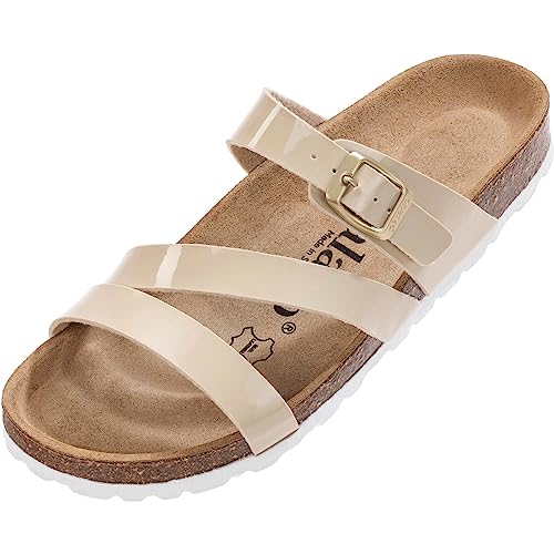 Palado Damen Pantoletten Ikaria Lack - Schuhe mit Riemen - Hausschuhe - Sohle aus feinstem Veloursleder - Sandalen mit Natur Kork-Fußbett Beige/Weiß UK3,5 - EU36 von Palado