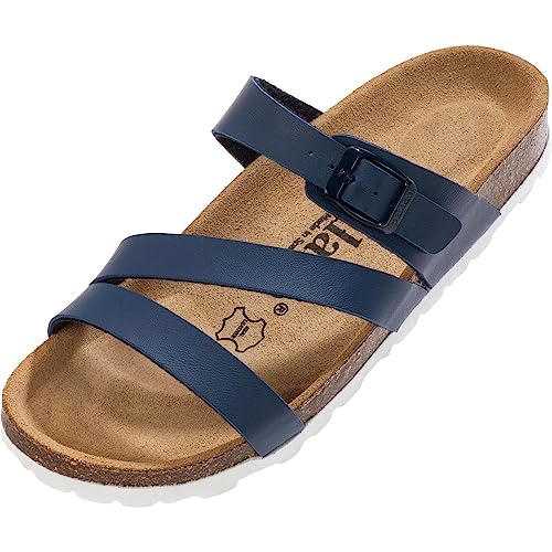 Palado Damen Pantoletten Ikaria Matt - Schuhe mit Riemen - Hausschuhe - Sohle aus feinstem Veloursleder - Sandalen mit Natur Kork-Fußbett Dunkelblau UK3,5 - EU36 von Palado