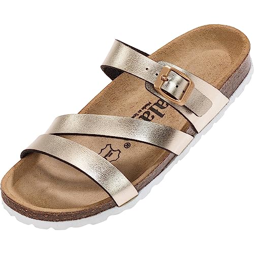 Palado Damen Pantoletten Ikaria Metallic - Schuhe mit Riemen - Hausschuhe - Sohle aus feinstem Veloursleder - Sandalen mit Natur Kork-Fußbett Gold Metallic UK3,5 - EU36 von Palado