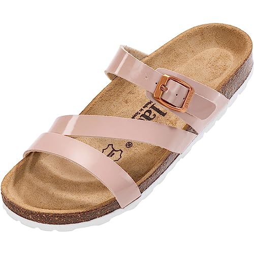 Palado Damen Pantoletten Ikaria Lack - Schuhe mit Riemen - Hausschuhe - Sohle aus feinstem Veloursleder - Sandalen mit Natur Kork-Fußbett Rosa UK3,5 - EU36 von Palado