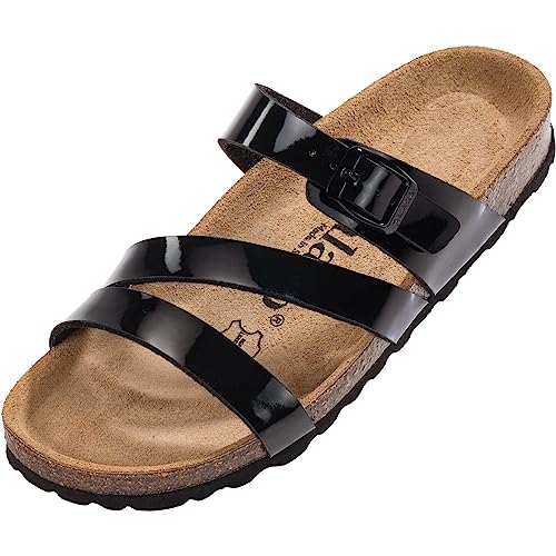 Palado Damen Pantoletten Ikaria Lack - Schuhe mit Riemen - Hausschuhe - Sohle aus feinstem Veloursleder - Sandalen mit Natur Kork-Fußbett Schwarz UK3,5 - EU36 von Palado