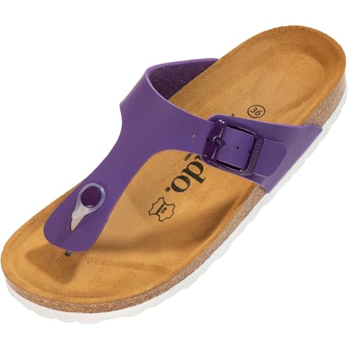 Palado Damen Zehentrenner Kos - Modische Pantoletten mit Natur Kork-Fussbett - Frauen Schuhe mit Sohle aus feinstem Veloursleder - angenehme Sandalen Basic Mat Violett 38 EU von Palado