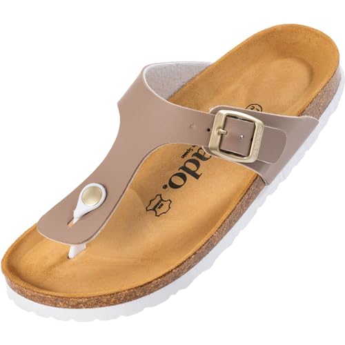 Palado Damen Zehentrenner Kos - Modische Pantoletten mit Natur Kork-Fussbett - Frauen Schuhe mit Sohle aus feinstem Veloursleder - angenehme Sandalen Basic Matt Beige Gold 41 EU von Palado