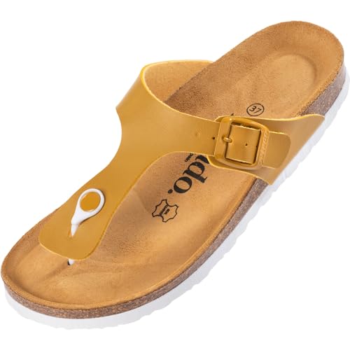 Palado Damen Zehentrenner Kos - Modische Pantoletten mit Natur Kork-Fussbett - Frauen Schuhe mit Sohle aus feinstem Veloursleder - angenehme Sandalen Basic Matt Senf Gelb 36 EU von Palado