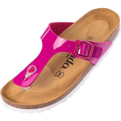 Palado Damen Zehentrenner Kos - Modische Pantoletten mit Natur Kork-Fussbett - Frauen Schuhe mit Sohle aus feinstem Veloursleder - angenehme Sandalen Lack Pink 36 EU von Palado