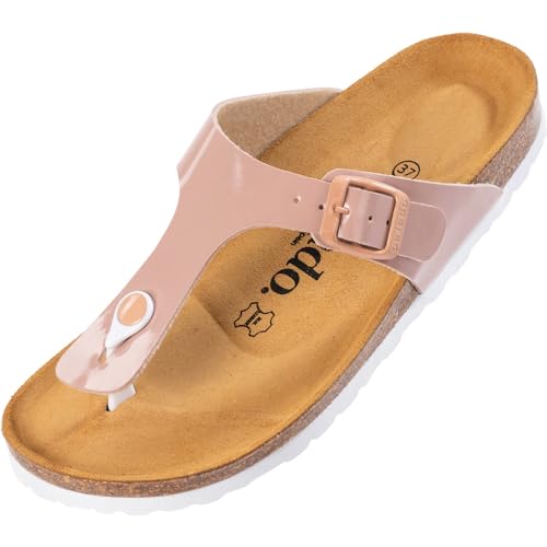 Palado Damen Zehentrenner Kos - Modische Pantoletten mit Natur Kork-Fussbett - Frauen Schuhe mit Sohle aus feinstem Veloursleder - angenehme Sandalen Lack Rosa/Rose 38 EU von Palado