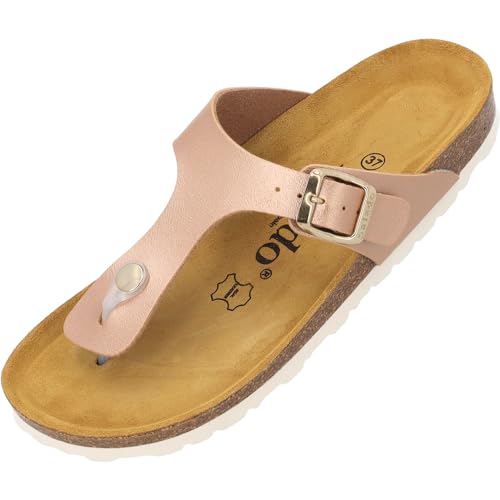 Palado Damen Zehentrenner Kos - Modische Pantoletten mit Natur Kork-Fussbett - Frauen Schuhe mit Sohle aus feinstem Veloursleder - angenehme Sandalen Metallic 44 rosegold 38 EU von Palado