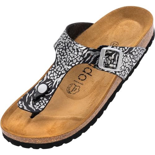 Palado Damen Zehentrenner Kos - Modische Pantoletten mit Kork Fussbett - extra bequeme Sandalen - Made in Spain - mit Sohle aus natur Leder - angenehme Sandalen Print Matt Orna Schwarz 38 EU von Palado