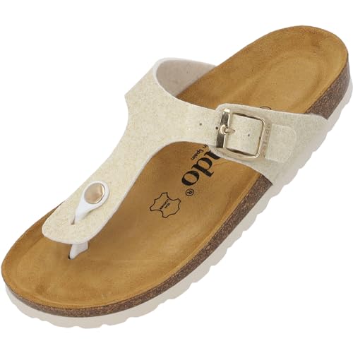 Palado Damen Zehentrenner Orion - Modische Pantoletten mit Natur Kork-Fussbett - Frauen Hausschuhe mit Sohle aus feinstem Veloursleder - bequeme Sandalen Beige UK7 - EU40 von Palado