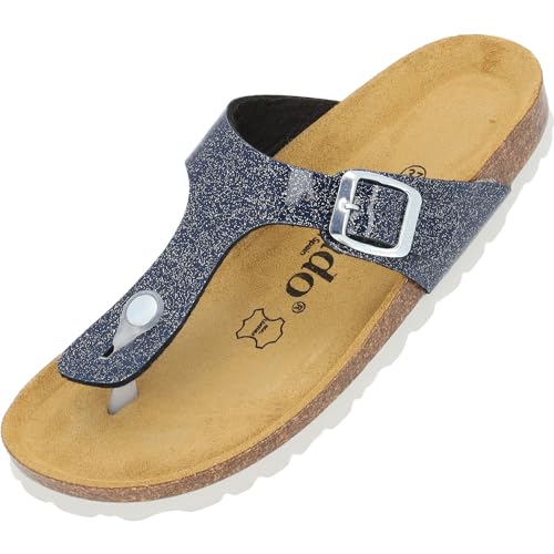 Palado Damen Zehentrenner Orion - Modische Pantoletten mit Natur Kork-Fussbett - Frauen Hausschuhe mit Sohle aus feinstem Veloursleder - bequeme Sandalen Blau UK5,5 - EU38 von Palado