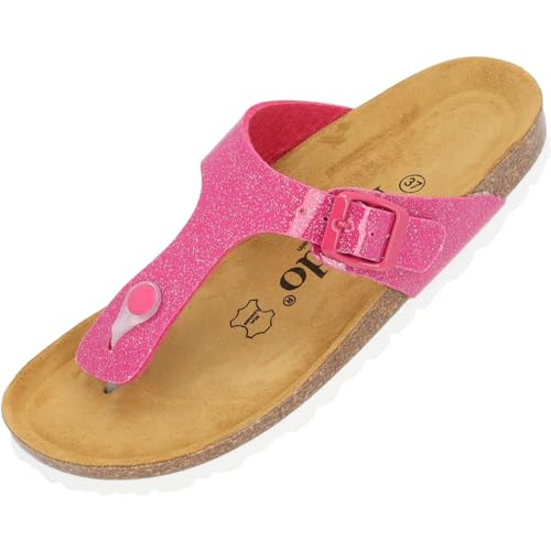 Palado Damen Zehentrenner Orion - Modische Pantoletten mit Natur Kork-Fussbett - Frauen Hausschuhe mit Sohle aus feinstem Veloursleder - bequeme Sandalen Pink UK6 - EU39 von Palado