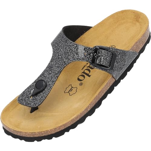 Palado Damen Zehentrenner Orion - Modische Pantoletten mit Natur Kork-Fussbett - Frauen Hausschuhe mit Sohle aus feinstem Veloursleder - bequeme Sandalen Schwarz UK4,5 - EU37 von Palado