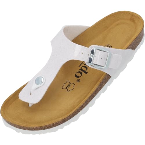 Palado Damen Zehentrenner Orion - Modische Pantoletten mit Natur Kork-Fussbett - Frauen Hausschuhe mit Sohle aus feinstem Veloursleder - Bequeme Sandalen Weiß UK7 - EU40 von Palado