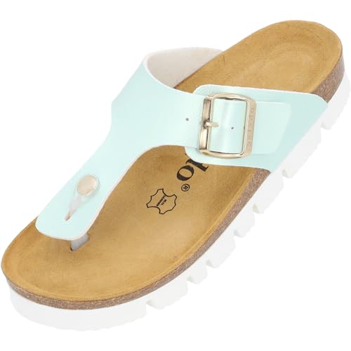 Palado Damen Zehentrenner plataeu metallic Kos- Modische Pantoletten mit Natur Kork-Fussbett - Frauen Hausschuhe mit Sohle aus feinstem Veloursleder - Bequeme Sandalen Türkis UK7 - EU40 von Palado