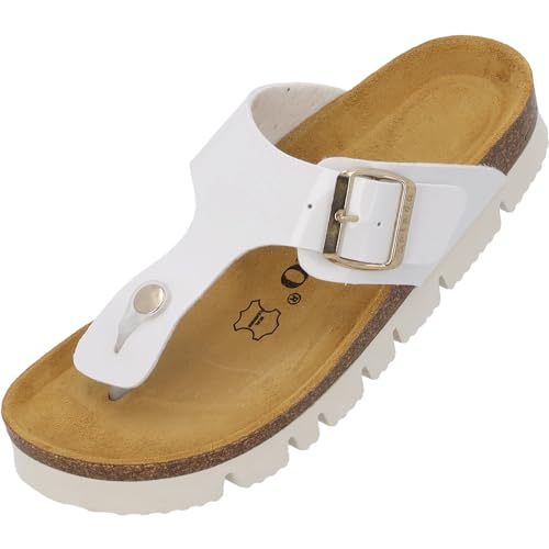 Palado Damen Zehentrenner plateau lack Kos - Modische Pantoletten mit Natur Kork-Fussbett - Frauen Hausschuhe mit Sohle aus feinstem Veloursleder - bequeme Sandalen Weiß UK4,5 - EU37 von Palado