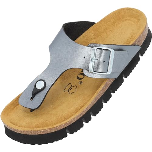 Palado Damen Zehentrenner Plateau metallic Kos- Modische Pantoletten mit Natur Kork-Fussbett - Frauen Hausschuhe - Sohle aus feinstem Veloursleder - Bequeme Sandalen Anthrazit UK6 - EU39 von Palado