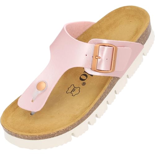 Palado Damen Zehentrenner plateau metallic Kos- Modische Pantoletten mit Natur Kork-Fussbett - Frauen Hausschuhe - Sohle aus feinstem Veloursleder - bequeme Sandalen Rosa UK6 - EU39 von Palado