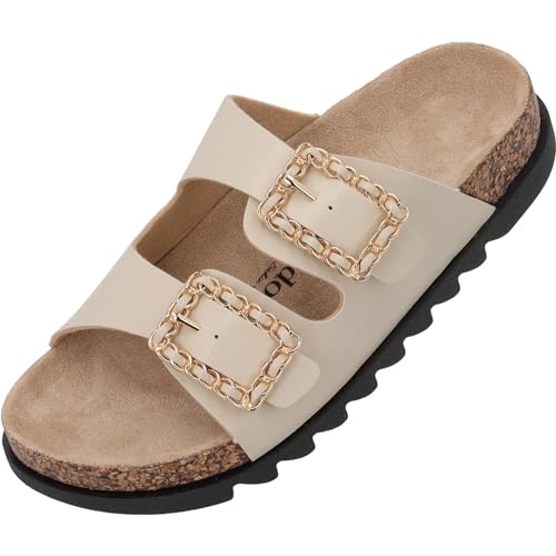 Palado Igies by Sila Sahin Damen Pantoletten - Sandalen mit goldener Schnalle - Hausschuhe mit Natur Kork-Fussbett - bequeme Schuhe mit Sohle aus feinstem Velourleder Beige UK6 - EU39 von Palado