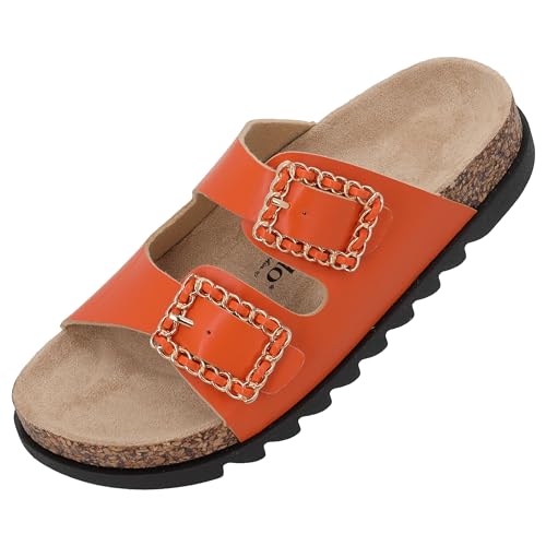 Palado Igies by Sila Sahin Damen Pantoletten - Sandalen mit goldener Schnalle - Hausschuhe mit Natur Kork-Fussbett - bequeme Schuhe mit Sohle aus feinstem Velourleder Orange UK5,5 - EU38 von Palado