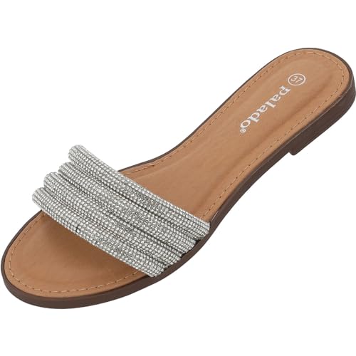 Palado Jeemi flache Sandalen Damen - elegante Pantoletten für Frauen - modische Slides flat - Sandalen mit Strasssteinen Silber Strass UK7 - EU40 von Palado