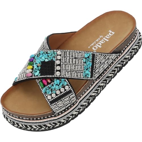 Palado Kegno by Sila Sahin Damen Pantoletten Mules - Plateau mit Glitzern - Elegante Hausschuhe für Frauen mit Absatz - modische Sommerschuhe Schwarz UK4,5 - EU37 von Palado