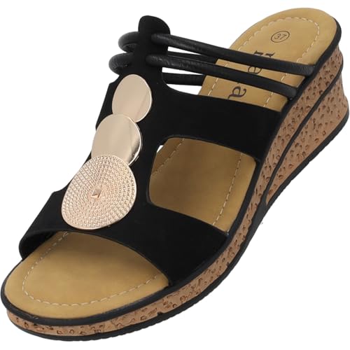 Palado Keilsandalen Damen Siolma – elegante Wedges - modische Sommerschuhe - bequeme Sandaletten mit Keilabsatz Schwarz UK4,5 - EU37 von Palado