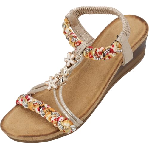 Palado Keilsandaletten Damen Isotora - modische Pantoletten - elegante Sommerschuhe - bequeme Sandaletten mit elastischen Riemen Gold UK4,5 - EU37 Palado Keilsandaletten Damen Isotora - modische Pantoletten - elegante Sommerschuhe - bequeme Sandaletten mit elastischen Riemen Gold UK4,5 - EU37 von Palado