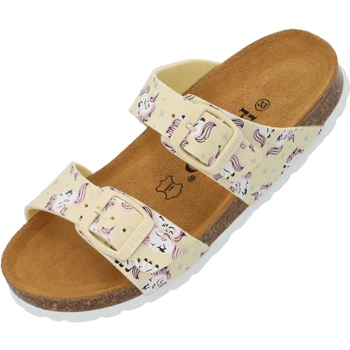 Palado Kids Samos G Print - Mädchen Sandalen mit verstellbaren Riemen - bequeme Schuhe mit Sohle aus feinstem Veloursleder - Hausschuhe mit Natur Kork-Fußbett Gelb Unicorn EU34 von Palado