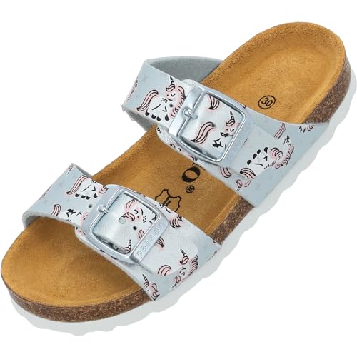 Palado Pantoletten Mädchen Kids Samos G Print – coole Sandalen Made in Spain - bequeme Hausschuhe mit trendigen Mustern - modische Sommerschuhe mit Kork-Fußbett Hellblau Metallic Unicorn EU34 von Palado