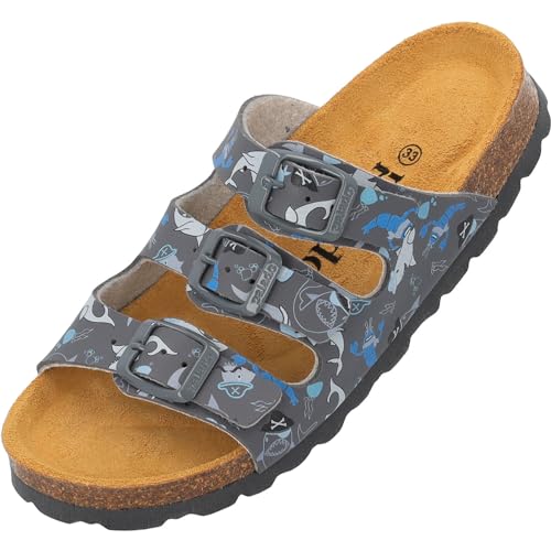 Palado Kinder Pantoletten Capri Print - Jungen Sandalen mit verstellbaren Riemen - bequeme Schuhe mit Sohle aus feinstem Veloursleder - Hausschuhe mit Natur Kork-Fußbett Grau Nautic EU34 von Palado