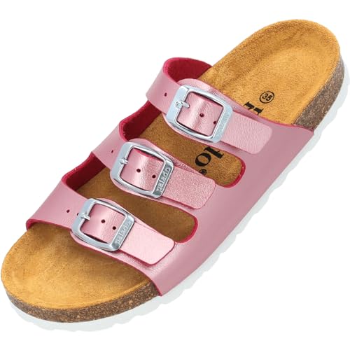 Palado Kinder Pantoletten Capri G Metallic - Mädchen Sandalen mit verstellbaren Riemen - bequeme Schuhe mit Sohle aus feinstem Veloursleder - Hausschuhe mit Natur Kork-Fußbett Pink EU35 von Palado