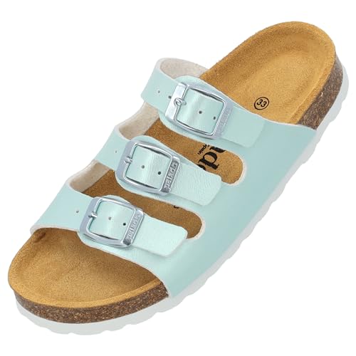 Palado Kinder Pantoletten Capri G Metallic - Mädchen Sandalen mit verstellbaren Riemen - bequeme Schuhe mit Sohle aus feinstem Veloursleder - Hausschuhe mit Natur Kork-Fußbett Türkis EU33 von Palado