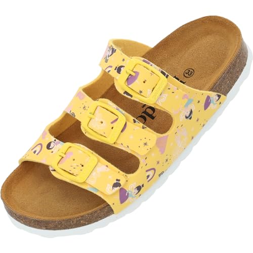 Palado Kinder Pantoletten Capri G Print - Mädchen Sandalen mit verstellbaren Riemen - bequeme Schuhe mit Sohle aus feinstem Veloursleder - Hausschuhe mit Natur Kork-Fußbett Gelb Fairy EU34 von Palado