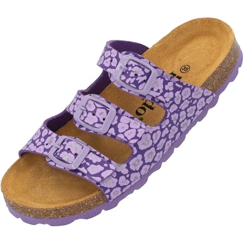 Palado Kinder Pantoletten Capri G Print - Mädchen Sandalen mit verstellbaren Riemen - bequeme Schuhe mit Sohle aus feinstem Veloursleder - Hausschuhe mit Natur Kork-Fußbett Lila Leo EU35 von Palado