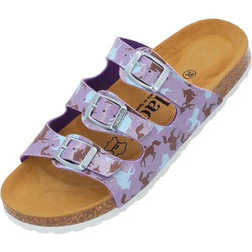 Palado Kinder Pantoletten Capri G Print - Mädchen Sandalen mit verstellbaren Riemen - bequeme Schuhe mit Sohle aus feinstem Veloursleder - Hausschuhe mit Natur Kork-Fußbett Lila Unicorn EU31 von Palado