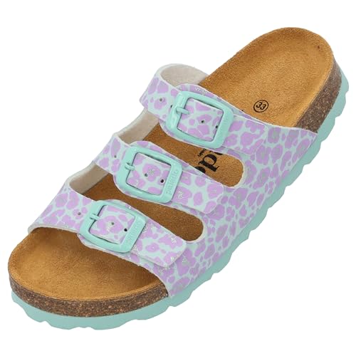 Palado Kinder Pantoletten Capri G Print - Mädchen Sandalen mit verstellbaren Riemen - bequeme Schuhe mit Sohle aus feinstem Veloursleder - Hausschuhe mit Natur Kork-Fußbett Türkis Leo EU31 von Palado