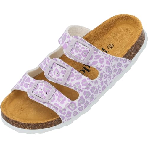 Palado Kinder Pantoletten Capri G Print - Mädchen Sandalen mit verstellbaren Riemen - bequeme Schuhe mit Sohle aus feinstem Veloursleder - Hausschuhe mit Natur Kork-Fußbett Weiß Leo EU31 von Palado