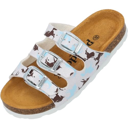 Palado Kinder Pantoletten Capri G Print - Mädchen Sandalen mit verstellbaren Riemen - bequeme Schuhe mit Sohle aus feinstem Veloursleder - Hausschuhe mit Natur Kork-Fußbett Weiß Unicorn EU35 von Palado