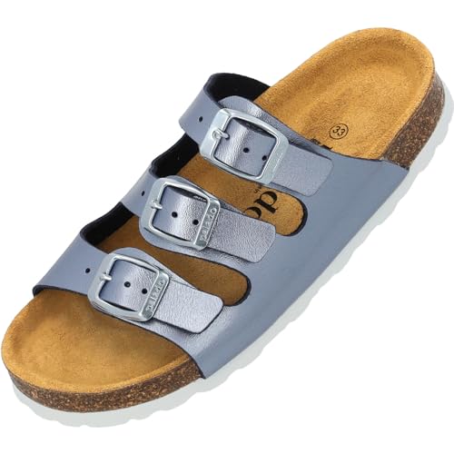 Palado Kinder Pantoletten Capri Metallic - Mädchen Sandalen mit verstellbaren Riemen - aus feinstem Veloursleder - Hausschuhe mit Natur Kork-Fußbett Blau EU32 von Palado