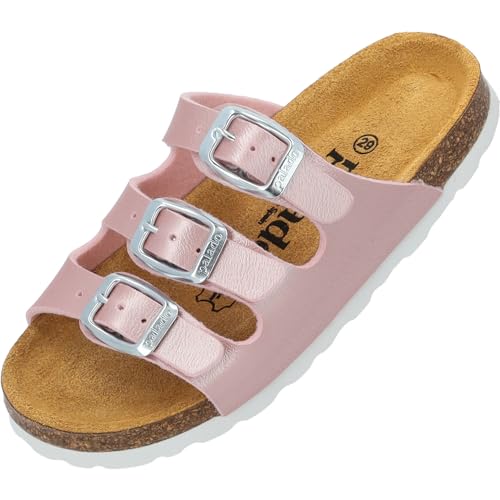 Palado Kinder Pantoletten Capri Metallic - Mädchen Sandalen mit verstellbaren Riemen - aus feinstem Veloursleder - Hausschuhe mit Natur Kork-Fußbett Rosa EU31 von Palado